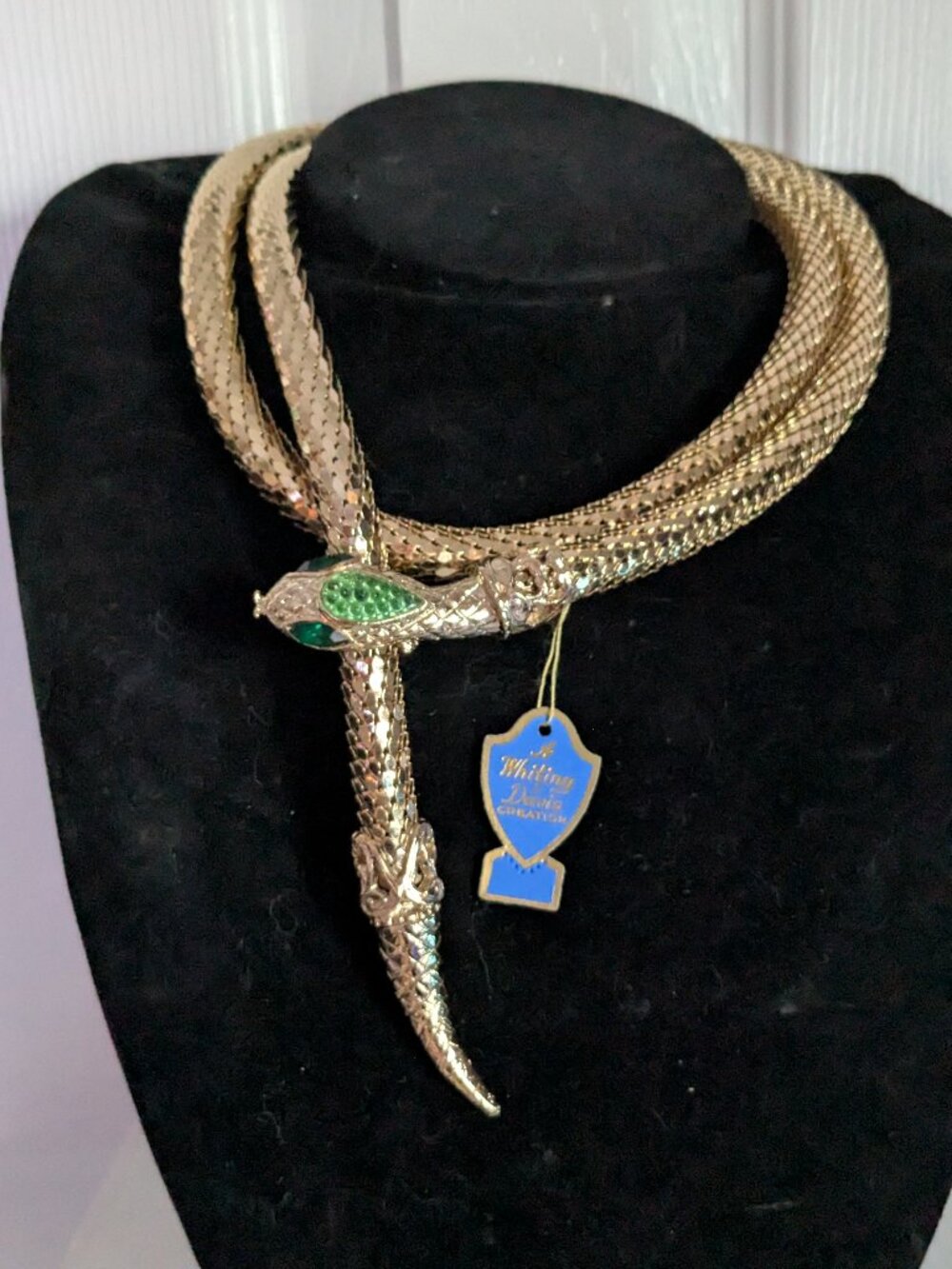 Vintage WHITING & DAVIS Mesh Gold Tone Gemstone Eyed Snake Belt Necklace Size M